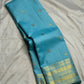 Aqua blue pure silk Kanchipuram Zari Kattam saree, front drape view