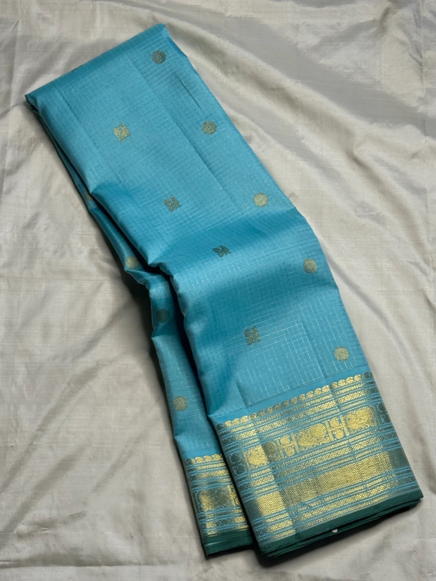 Aqua blue pure silk Kanchipuram Zari Kattam saree, front drape view