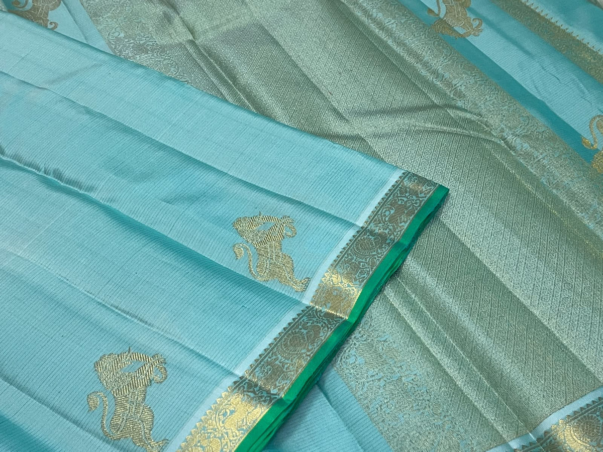 Aqua Blue zari butta detail on Kanchipuram silk saree