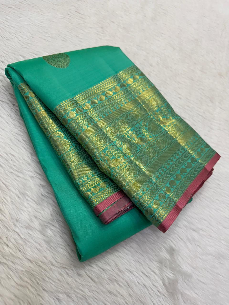 Aqua pure silk Kanchi Pattu Butta saree, folded view — Idam Living