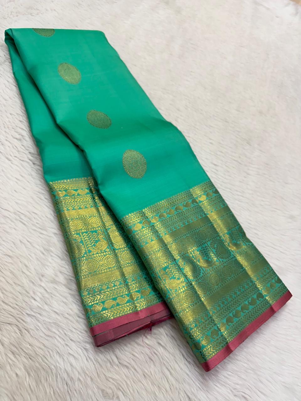 Aqua shot-colour pure silk Kanchi Pattu Butta saree, full drape — Idam Living
