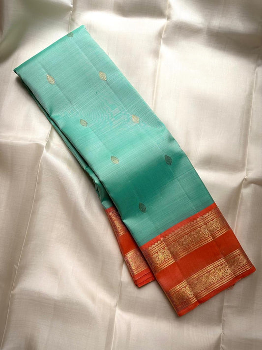 Aqua Mist Handwoven Pure Silk Kanjeevaram Saree with Rettapet Twin Border Weave