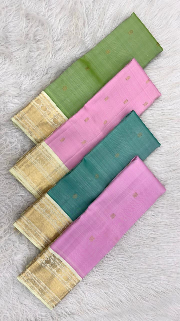 Handwoven teal Kanchipuram Korvai saree with ivory contrast gold zari border