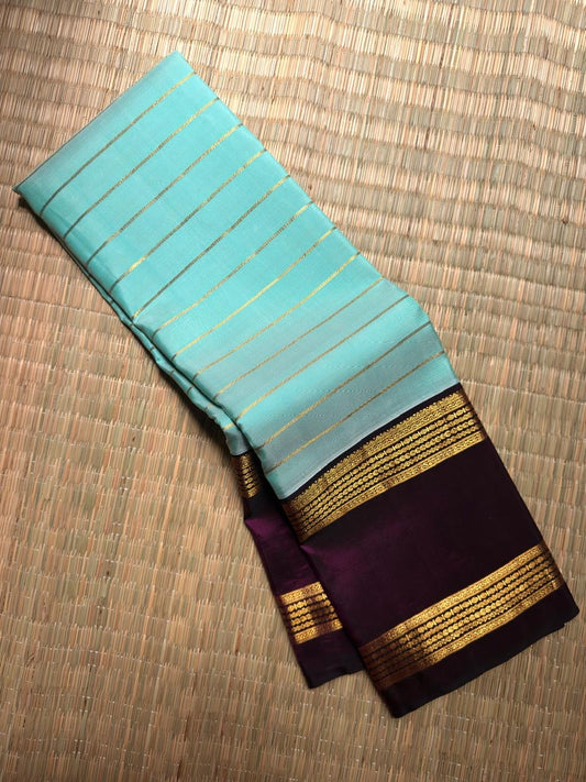 Aqua Turquoise Handwoven Pure Silk Kanchi Pattu Rettapet Saree with Kanchana Purple Border