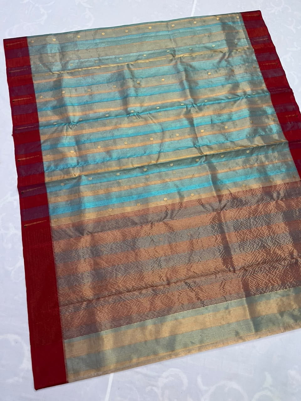 Aquamarine and champagne-gold Tissue Silk Chanderi saree
