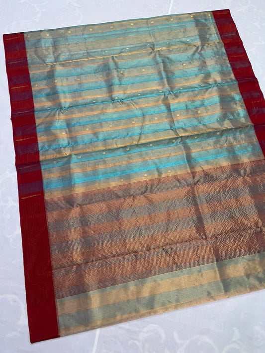 Aquamarine and champagne-gold Tissue Silk Chanderi saree