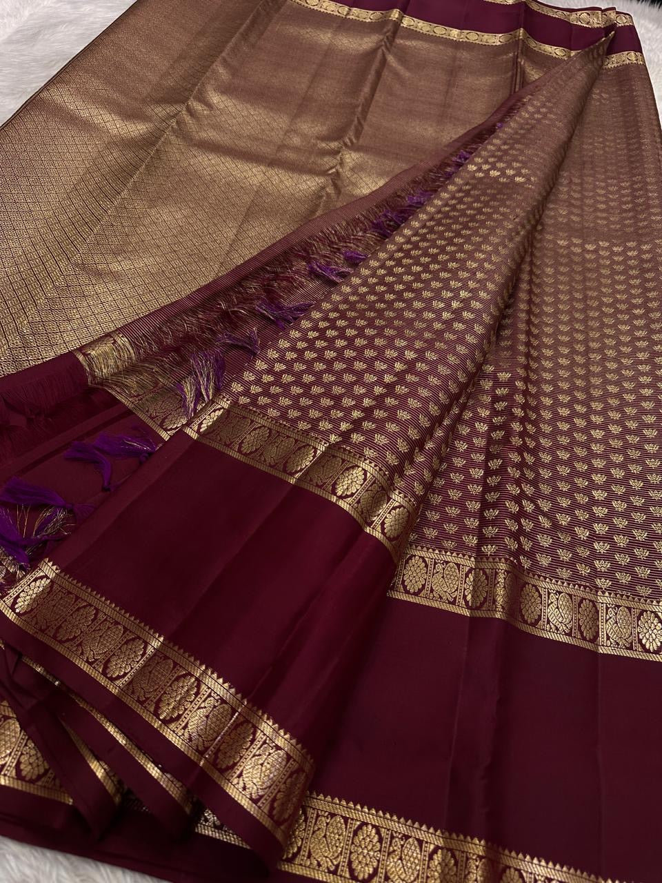Close view of the Rettapet border with alternating maanga paisleys and circular poo medallions in gold zari.
