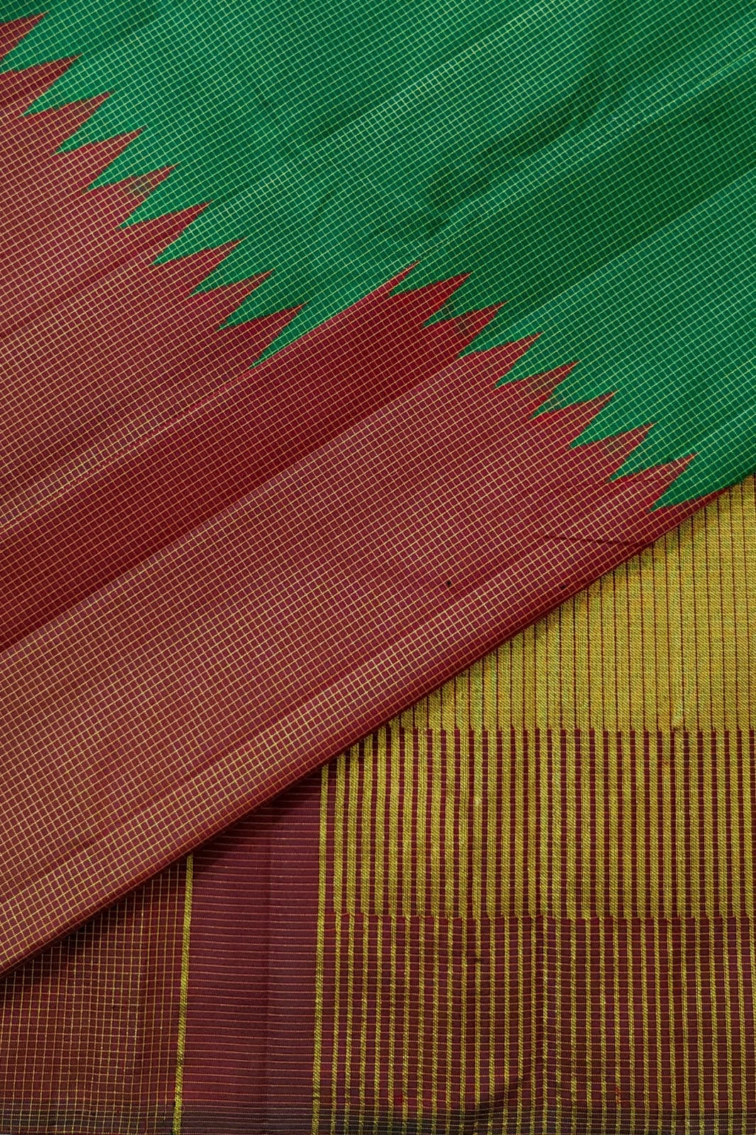Arakku and green Kancheepuram Ettukol silk saree handwoven in pure mulberry silk