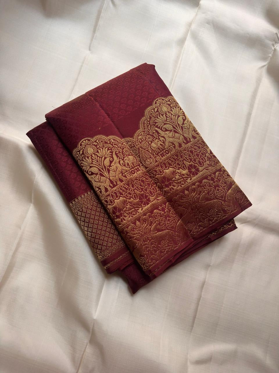 Arakku maroon handwoven pure silk Kanchipuram saree with traditional butta motifs, Idam Living