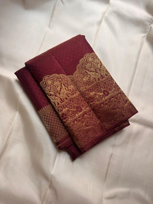 Arakku maroon handwoven pure silk Kanchipuram saree with traditional butta motifs, Idam Living