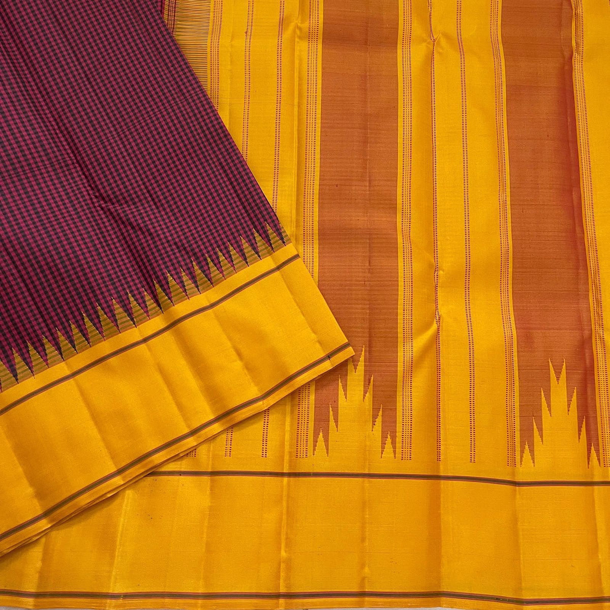 Arakku and Manjal Handwoven Pure Silk Kanchi Pattu Pattupet Saree with Temple-Point Silk Border