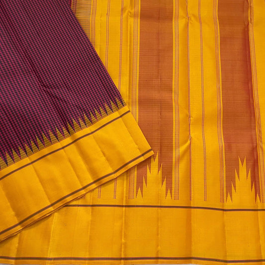 Arakku and Manjal Handwoven Pure Silk Kanchi Pattu Pattupet Saree with Temple-Point Silk Border