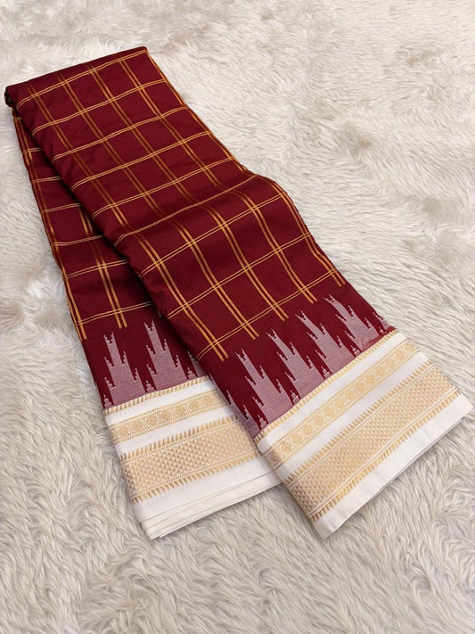 Arakku Maroon Lightweight Pure Silk Kanchipuram Silk Thread Kattam Saree with Ivory Gold Border