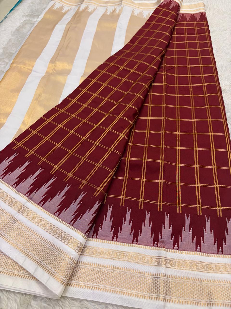 Arakku Maroon Lightweight Pure Silk Kanchipuram Silk Thread Kattam Saree with Ivory Gold Border