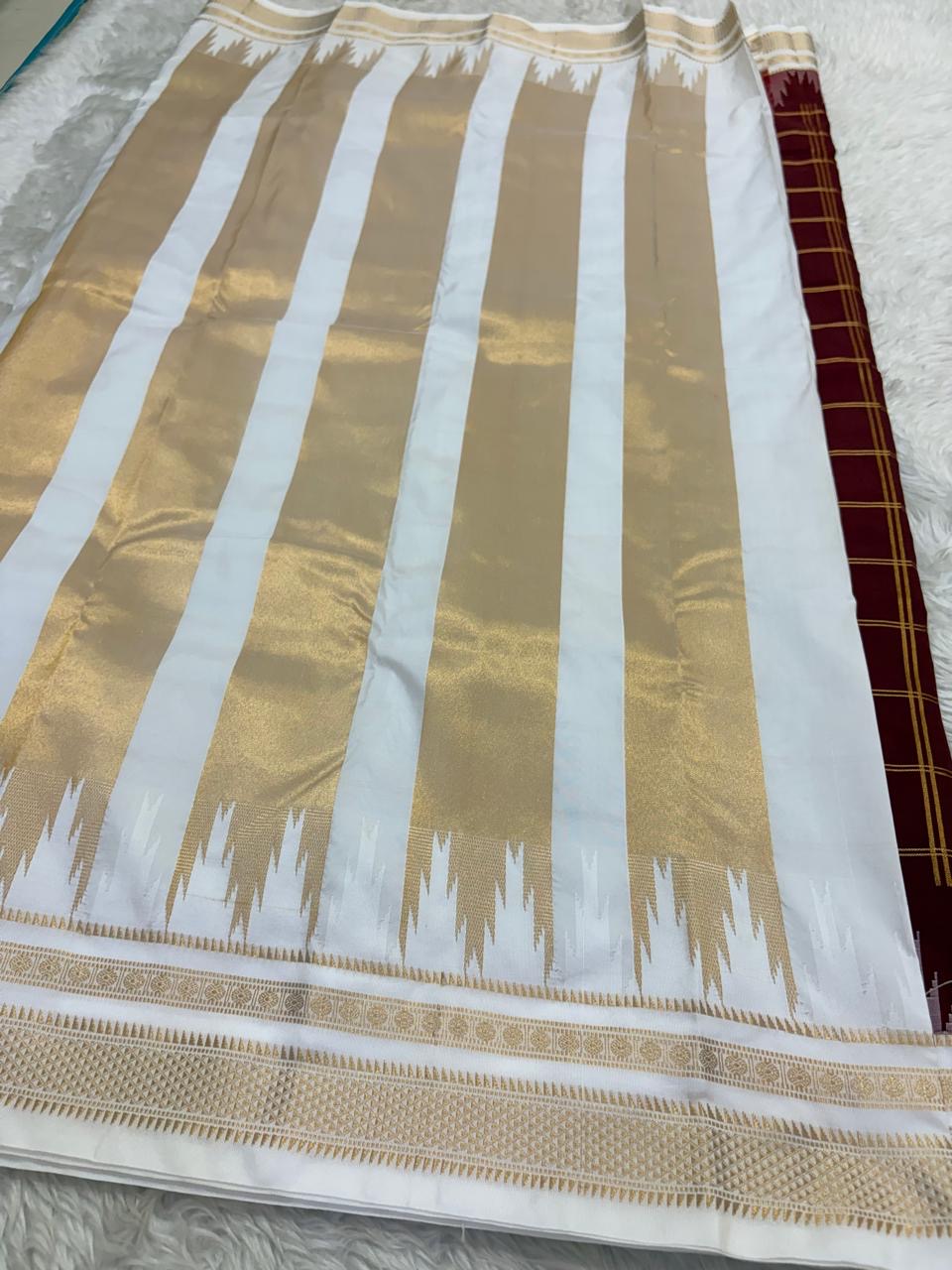 Arakku Maroon Lightweight Pure Silk Kanchipuram Silk Thread Kattam Saree with Ivory Gold Border