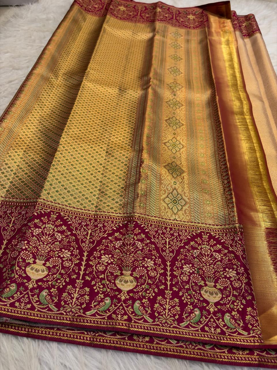 Arakku pink meenakari brocade kanchipuram border – Idam Living Pure Silk Kanchipuram saree