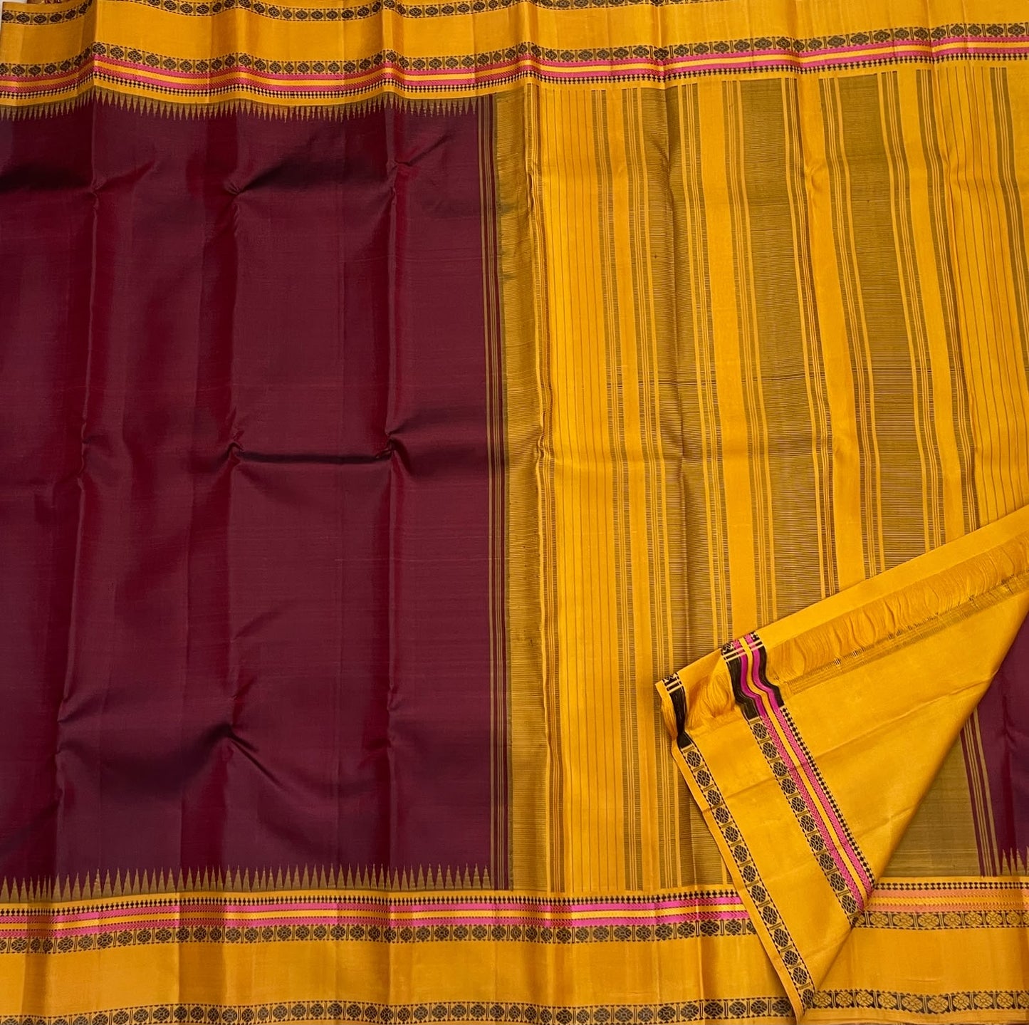 Mulberry Maroon Handwoven Pure Silk Kanchipuram Pattupet Saree with Turmeric Yellow Border