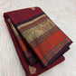 Arakku Red Kanchipuram silk saree with spaced floral gold zari buttas and purple orange Varisaipet border.