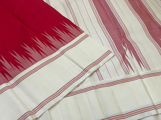 Pillar Box Red and Ivory Handwoven Pure Silk Kanjipuram Saree with Korvai Thazampoo Reku Border