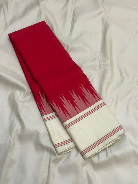 Pillar Box Red and Ivory Handwoven Pure Silk Kanjipuram Saree with Korvai Thazampoo Reku Border