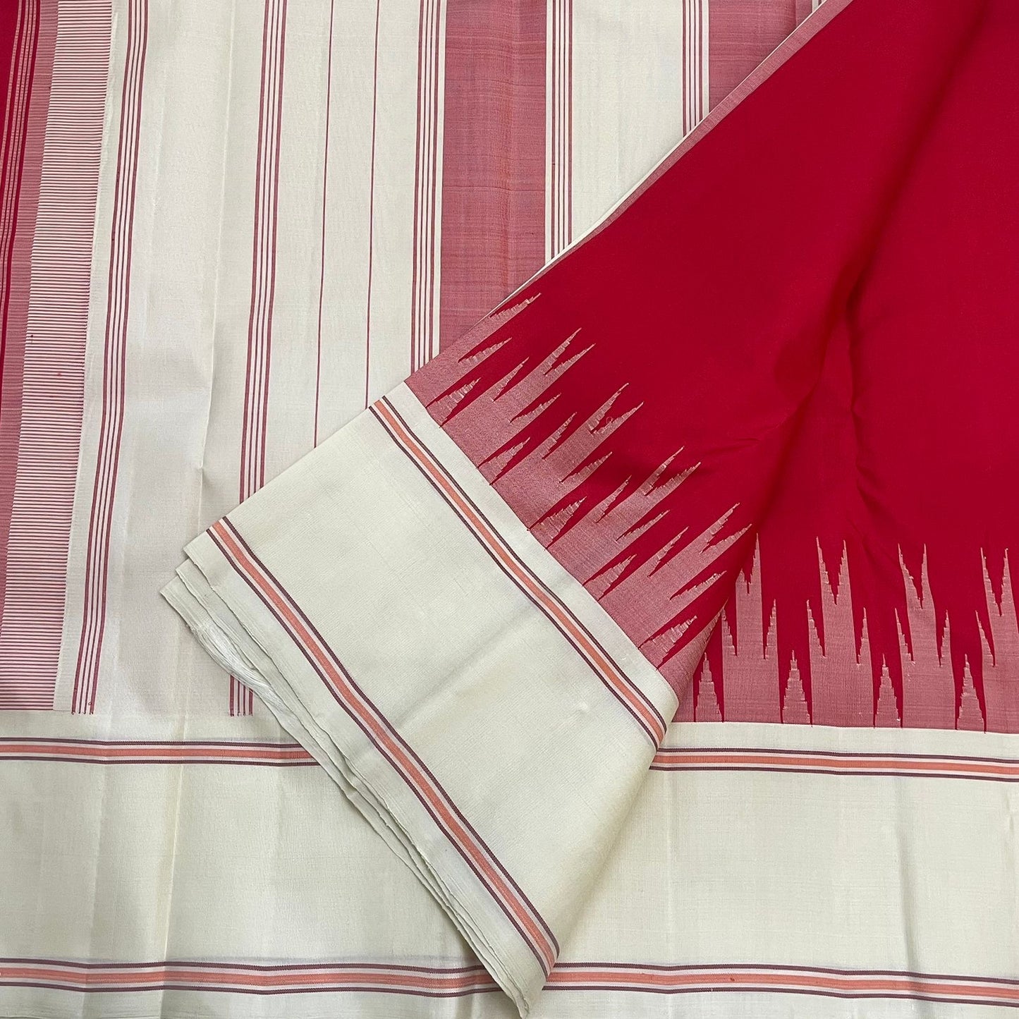 Pillar Box Red and Ivory Handwoven Pure Silk Kanjipuram Saree with Korvai Thazampoo Reku Border
