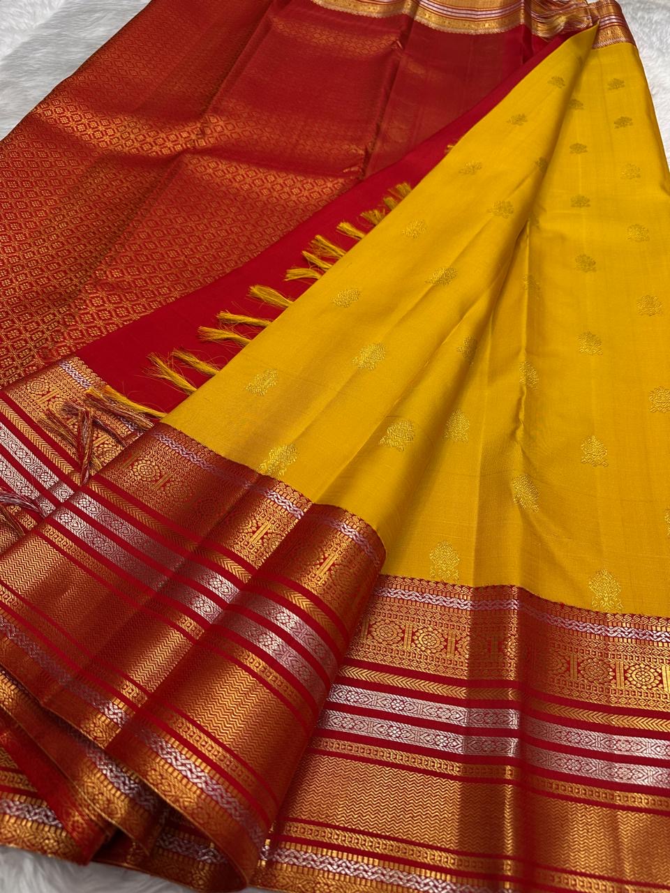 Arakku Red Kanchipuram border with Muthu-Seer detailing and gold silver-toned zari