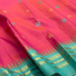 Teal pallu of shot colour tomato red pink Kancheepuram silk saree with antique gold zari Varisaipet cascade