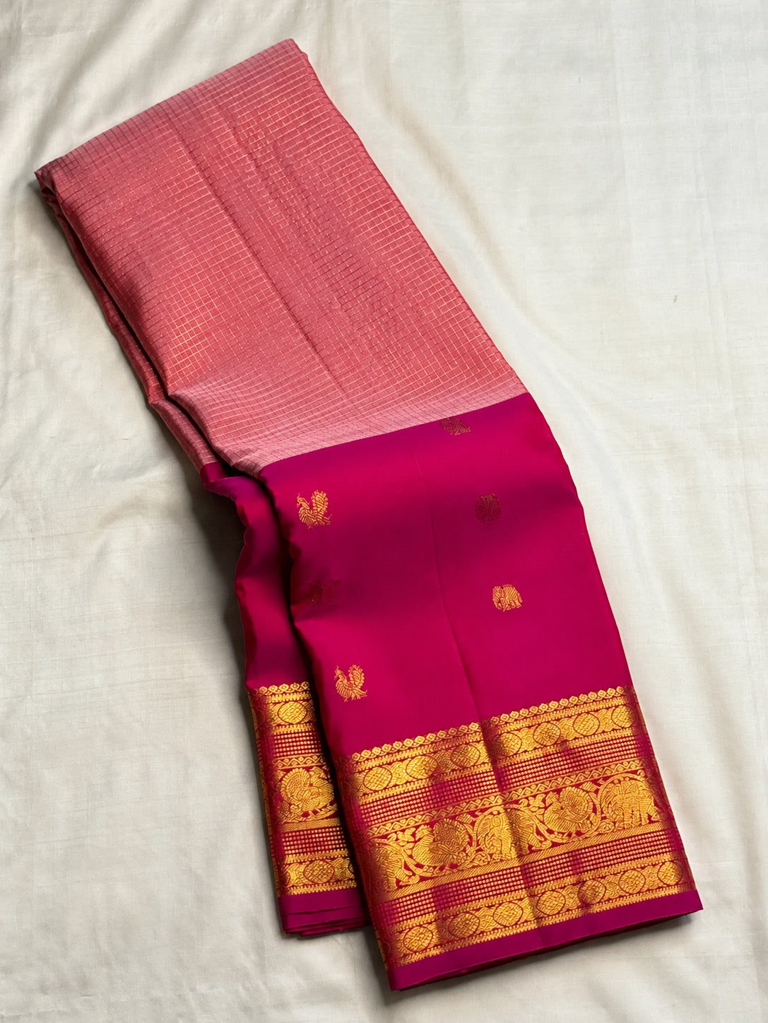 Lotus rose and rani pink butta pure silk Kanjeevaram saree with gold elephant border – view 3