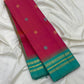 Kaal Irangiya temple edge on teal Korvai border of shot colour tomato red pink Kancheepuram saree