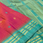 Handwoven pure silk Kancheepuram shot colour tomato red pink saree with Mayil Chakram buttas and teal Korvai border Silk Mark certified
