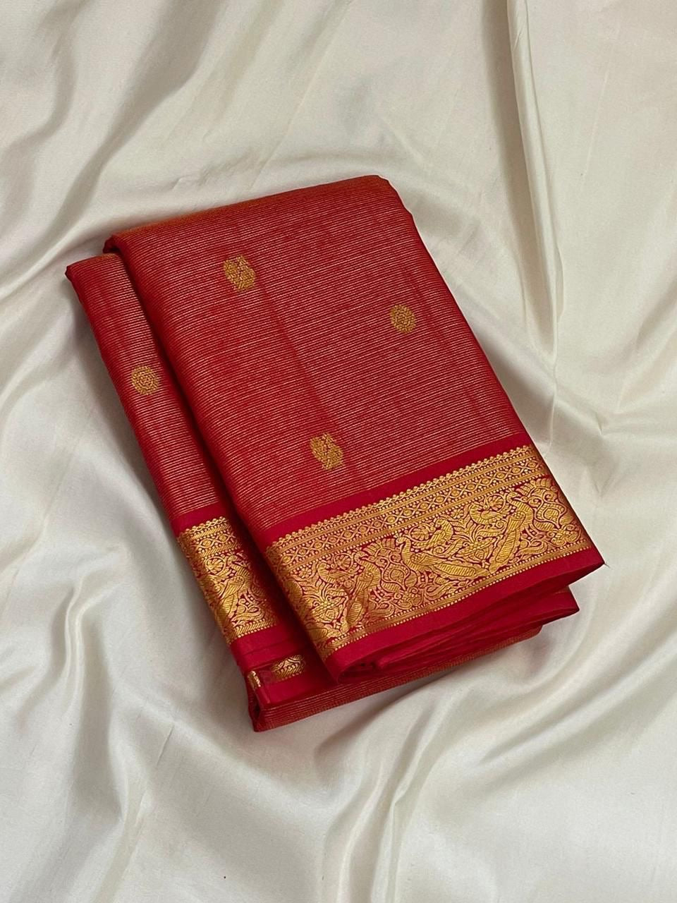 Radiant Red Handwoven Pure Silk Kanjeevaram Saree with Vairaoosi Zari Body and Mayil Butta Border