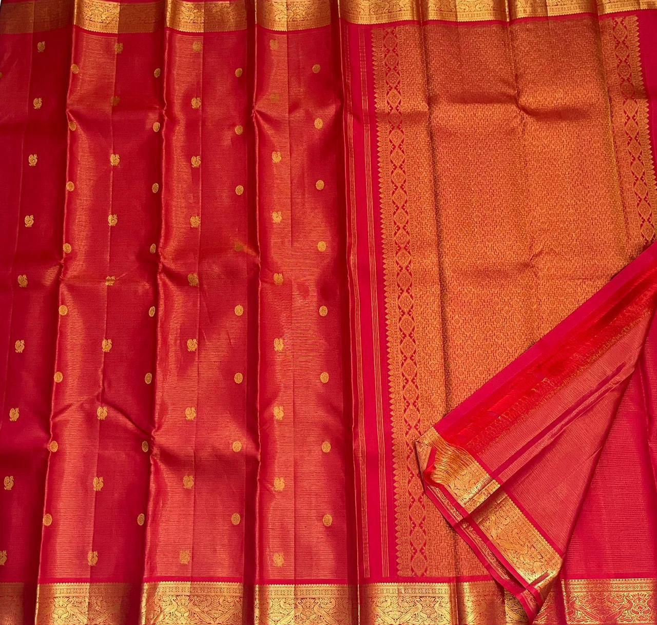 Radiant Red Handwoven Pure Silk Kanjeevaram Saree with Vairaoosi Zari Body and Mayil Butta Border