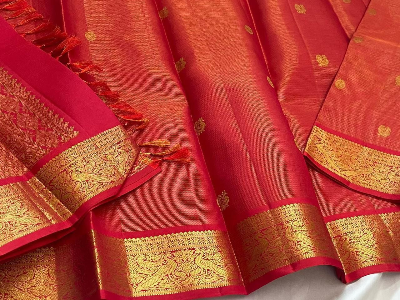 Radiant Red Handwoven Pure Silk Kanjeevaram Saree with Vairaoosi Zari Body and Mayil Butta Border