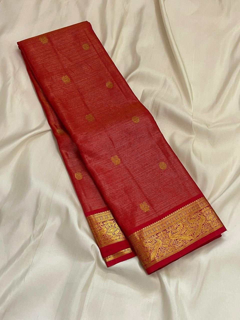 Radiant Red Handwoven Pure Silk Kanjeevaram Saree with Vairaoosi Zari Body and Mayil Butta Border