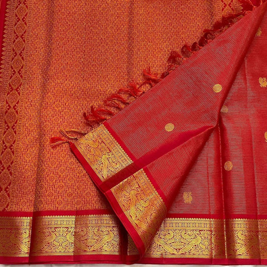 Radiant Red Handwoven Pure Silk Kanjeevaram Saree with Vairaoosi Zari Body and Mayil Butta Border