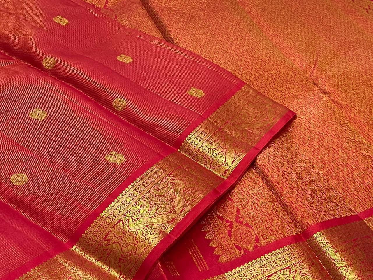 Radiant Red Handwoven Pure Silk Kanjeevaram Saree with Vairaoosi Zari Body and Mayil Butta Border