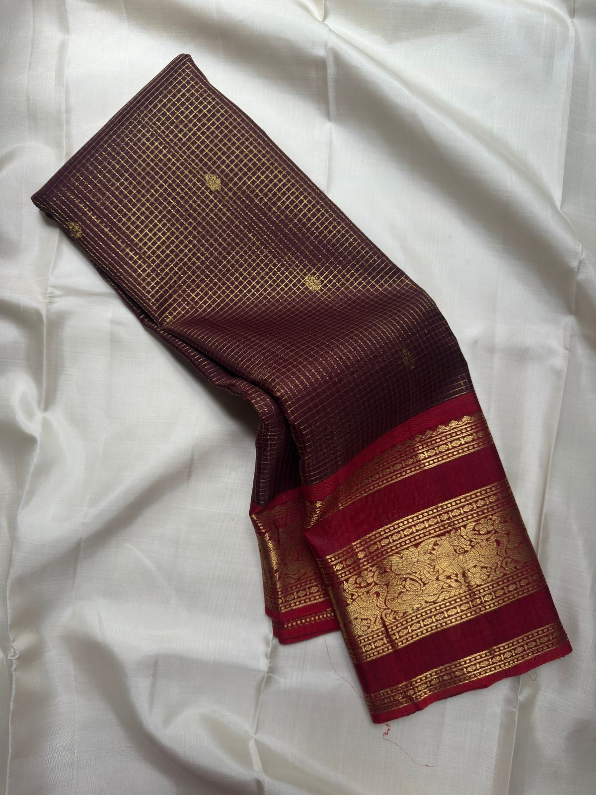 Deep Coffee Brown Pure Silk Kanchipuram Zari Kattam saree with Arakku Red Vanasringaram gold zari border.