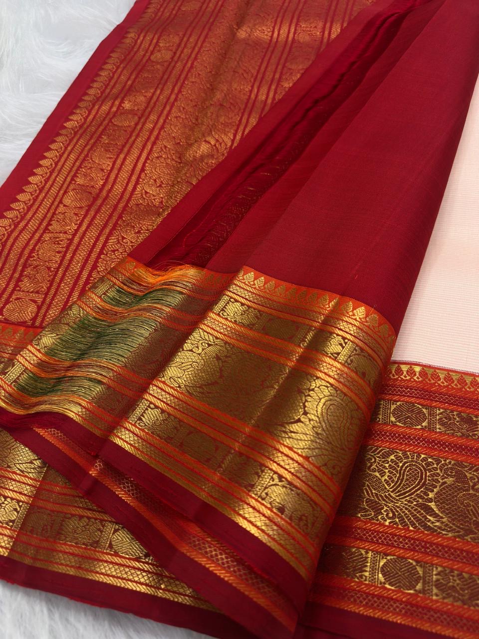 Close view of Arakku Red and antique-gold multi-register Varisaipet border on ivory Kanjeevaram silk.