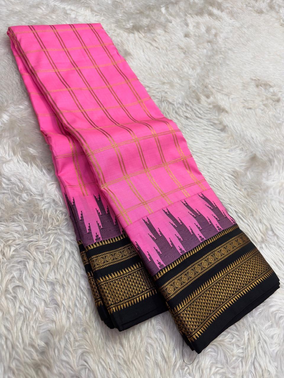 Pure silk handwoven Arani saree with traditional checkered weave