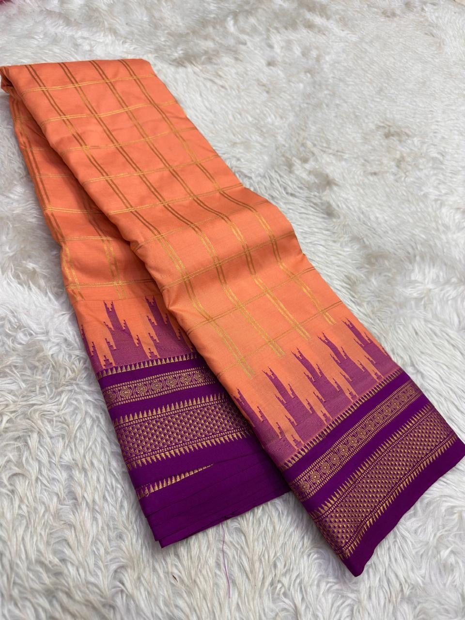 Pure silk Arani saree with softly structured temple-inspired border