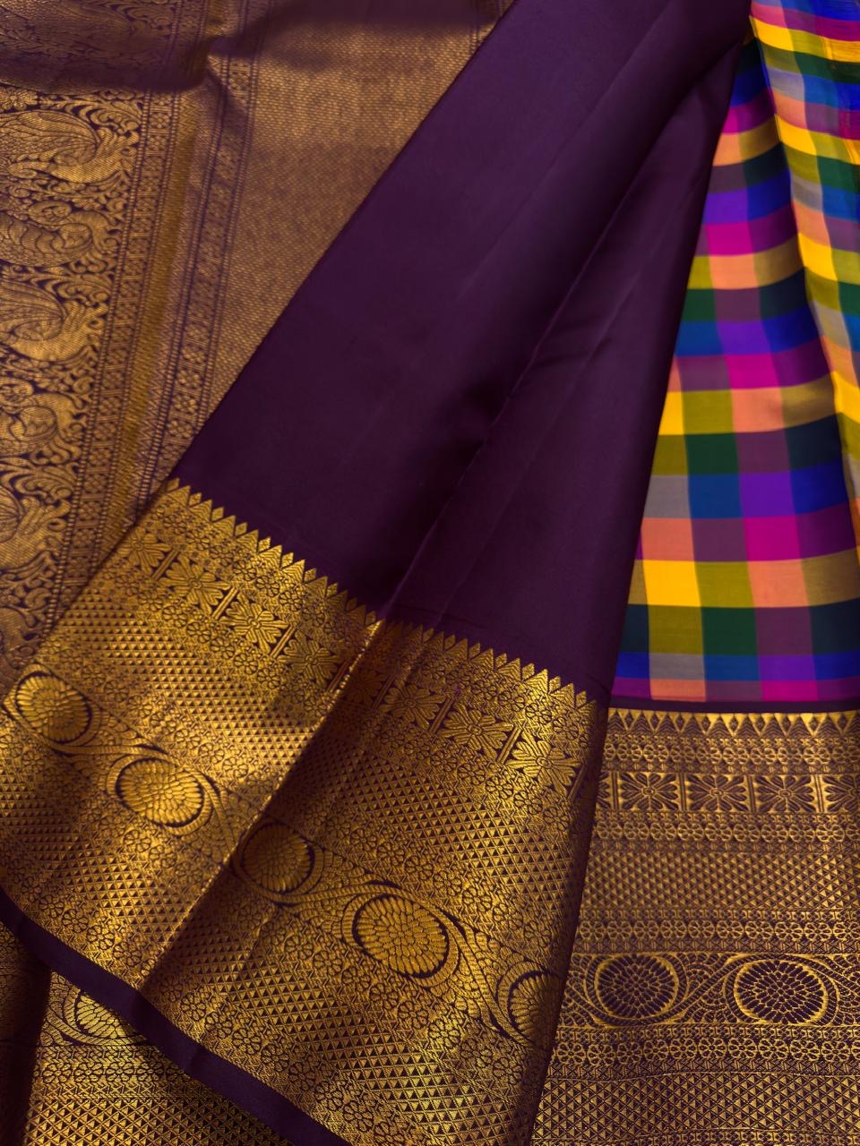 Green yellow pink blue purple and red checks on Kanchipuram silk | Kancheepuram pure silk saree.