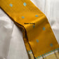 Robin egg blue pallu detail on handwoven Golden Turmeric Kancheepuram silk saree