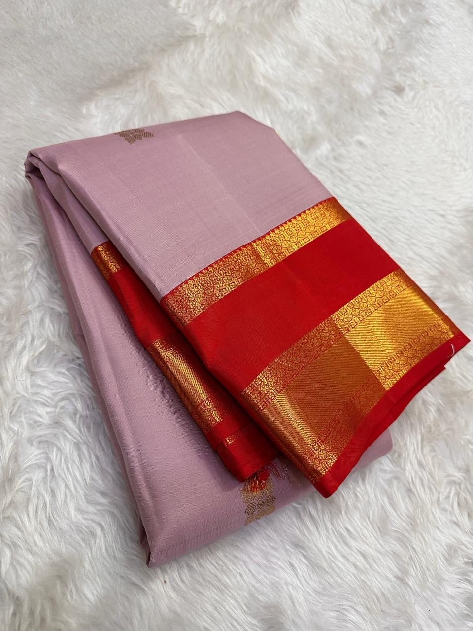 Ash Lilac Kanjeevaram silk saree with Brick Red gold zari border