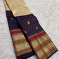 Deep aubergine and antique gold tissue Pure Silk Kanchipuram saree full view