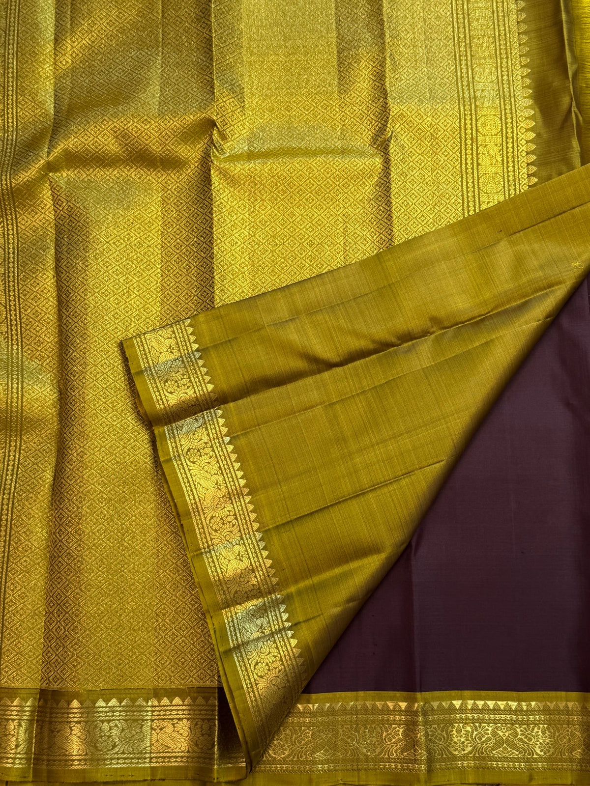 Aubergine brown Pure Silk Kancheepuram Butta saree with olive gold zari border, detail view 2