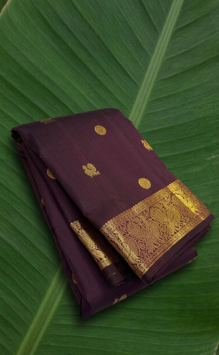 Pure Kanchipuram silk saree in aubergine brown with antique gold Annapakshi zari border