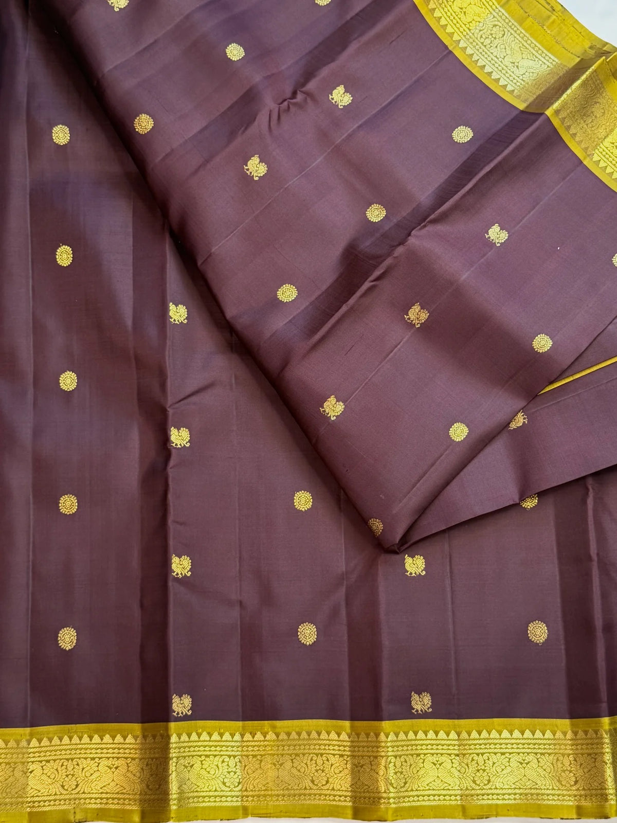 Aubergine brown Pure Silk Kancheepuram Butta saree with olive gold zari border
