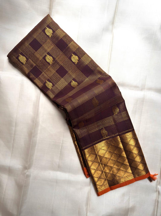 Deep Aubergine Brown Handwoven Pure Silk Kanjipuram Saree with Zari Kattam and Antique Gold Diamond Border