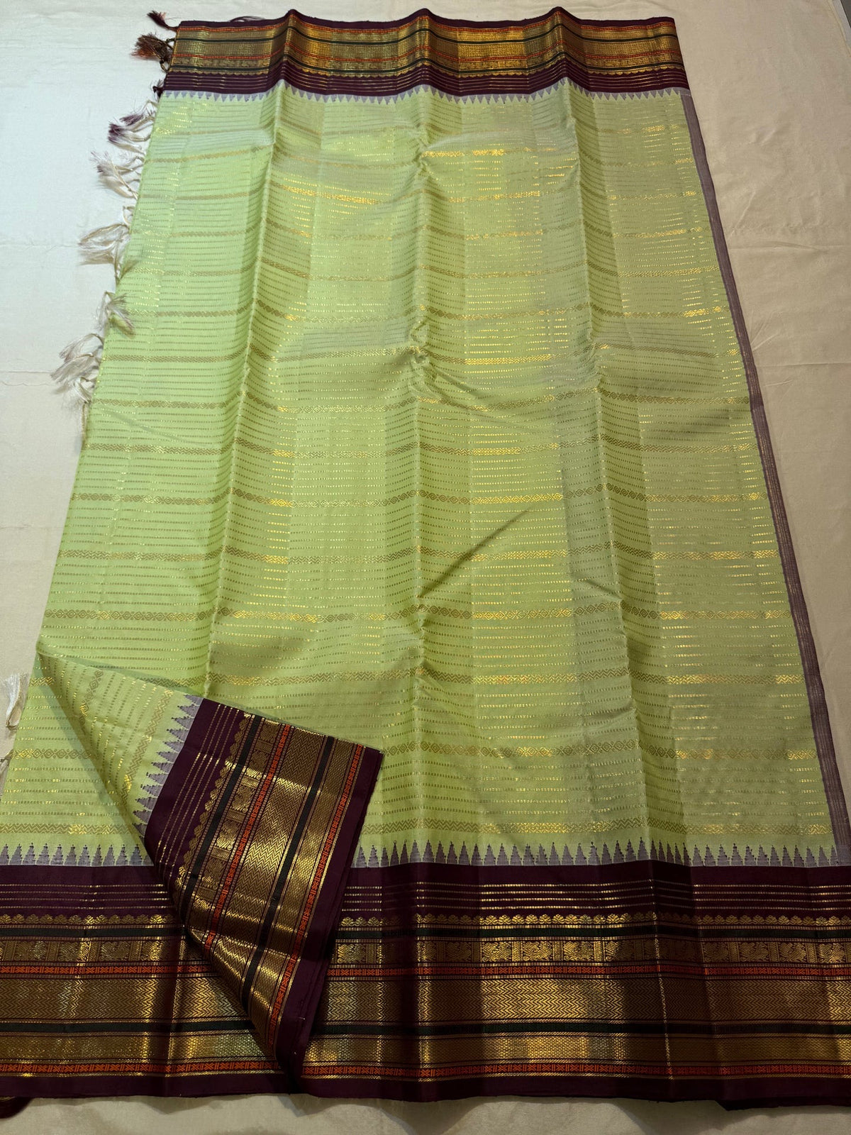 Aubergine-purple Kanchipuram border with gold-zari geometric bands, ornamental panels and burnt-orange accents.