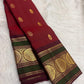 Deep Aubergine Kanchipuram border with Peacock Green bands and gold lotus medallions